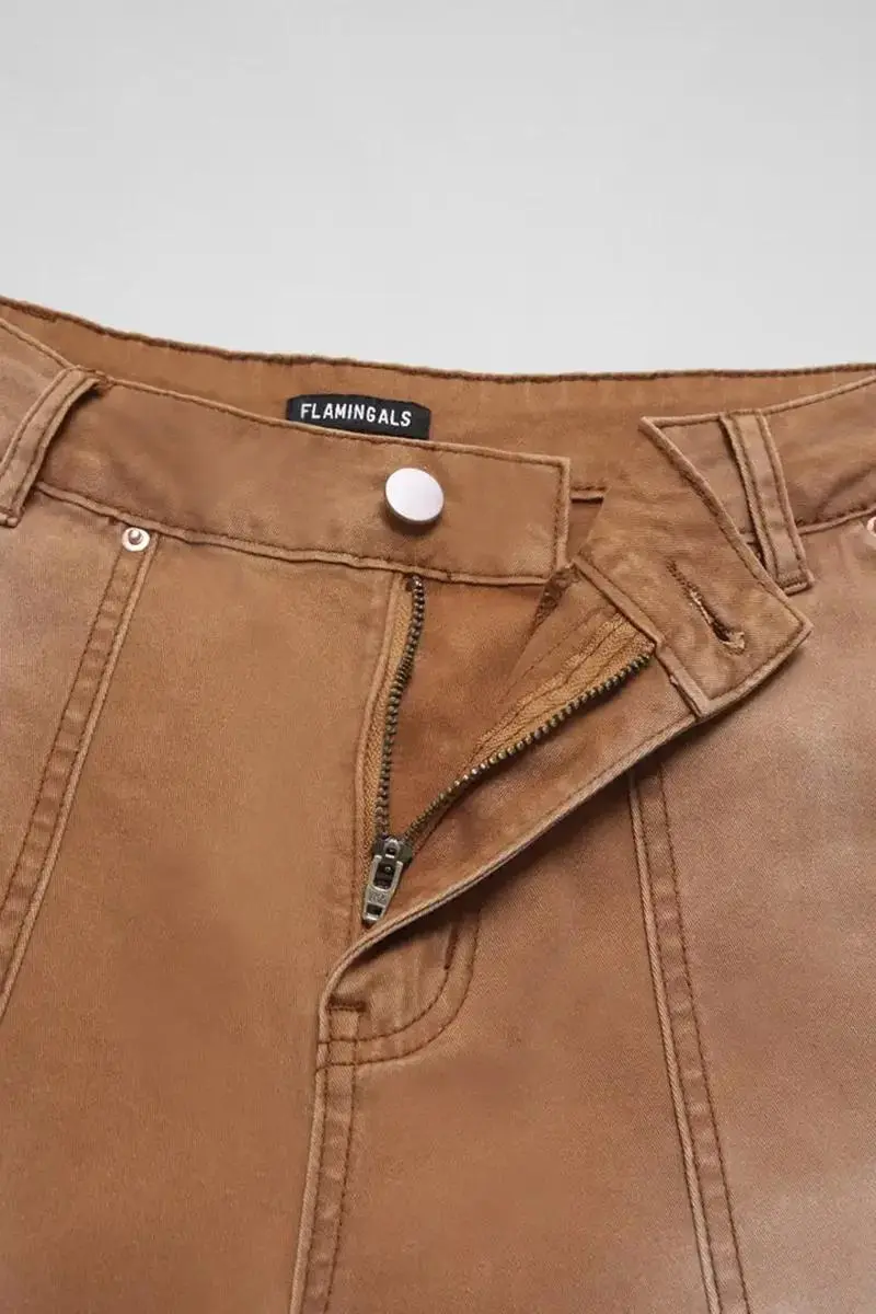 Flap Pocket Back Mid Waist Crop Pants Without Belt