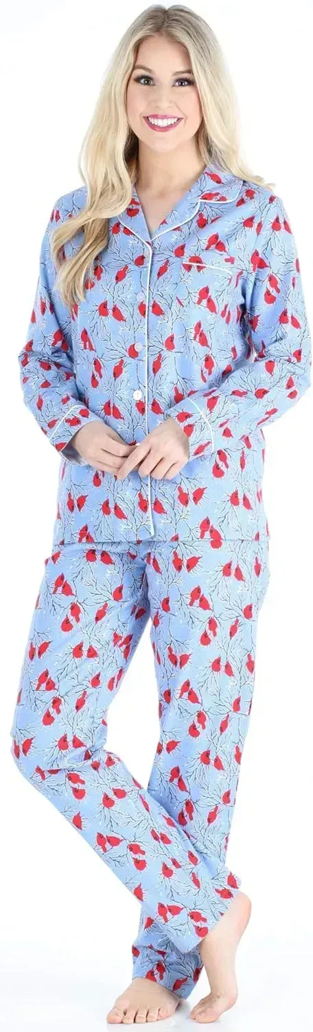 Women's Cotton Flannel Long Sleeve Button-Down Pajamas PJ Set