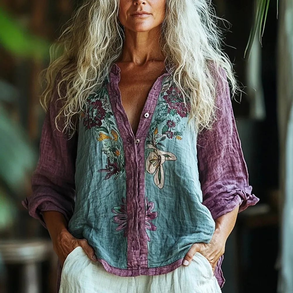Bohemian Style Linen Floral Art Print  Long Sleeve Shirt