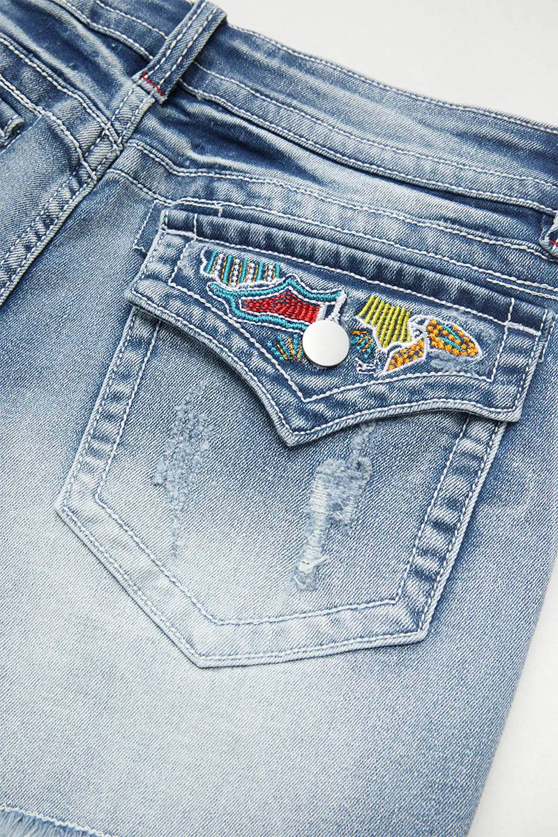 Ripped Embroidery Detail Raw Hem Mid Waist Denim Shorts