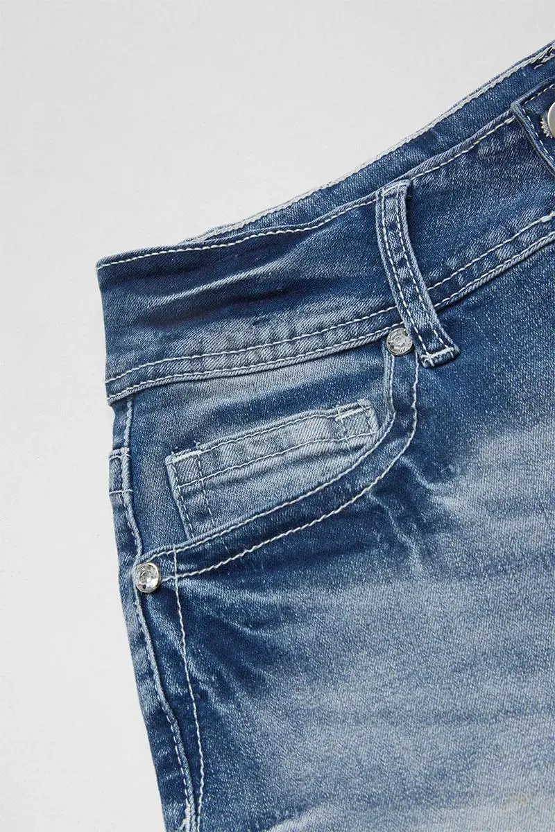 Ripped Raw Hem Rhinestone Detail Mid Waist Denim Shorts