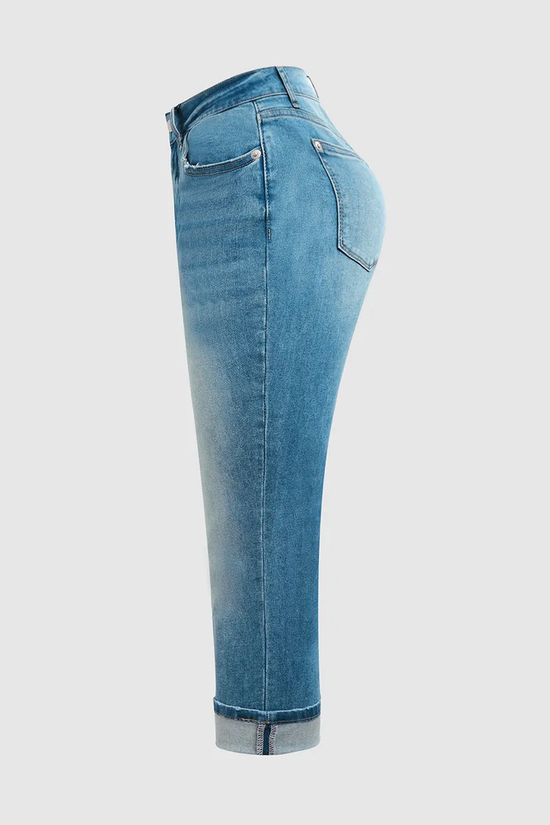 Wash Stretchy Roll Hem Mid Waist Capri Jeans