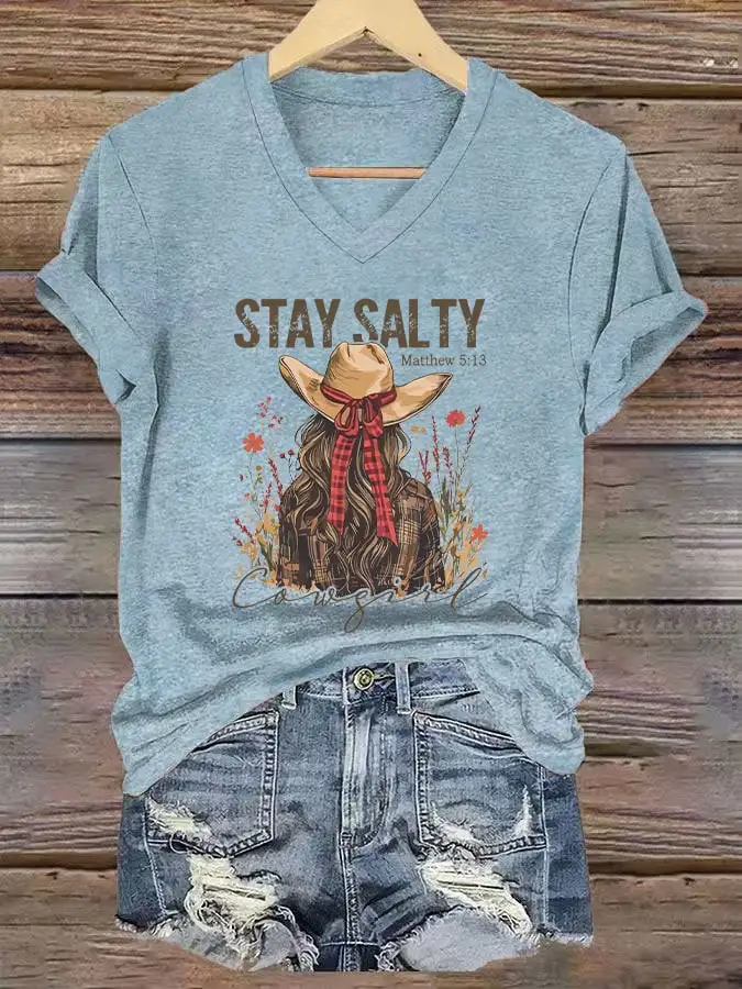 Women's Casual Western Christian Faith Bible Verse Printed V-Neck Short Sleeve T-Shirt