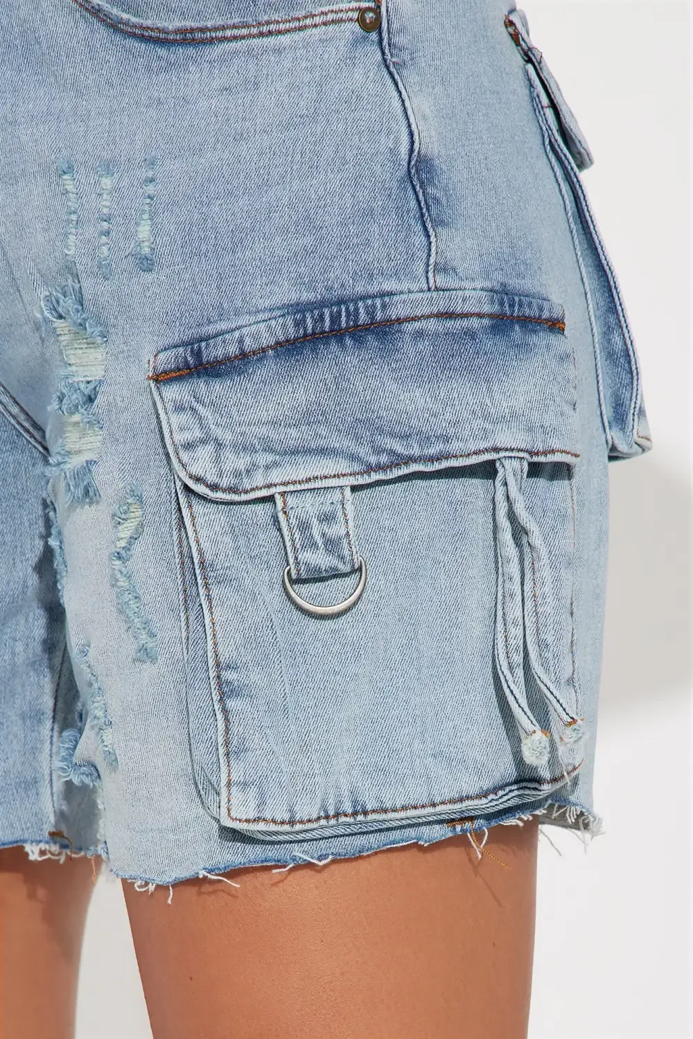 Find A Way Stretch Cargo Denim Shorts - Light Wash