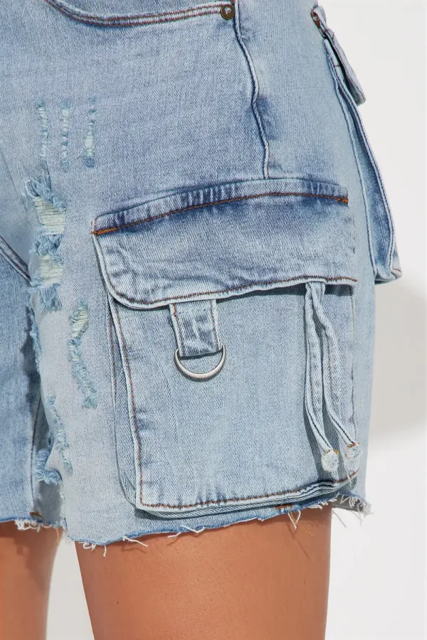 Find A Way Stretch Cargo Denim Shorts - Light Wash