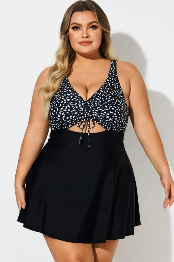 Dot Print V-Neck Lace Up Cut Out Swimdress