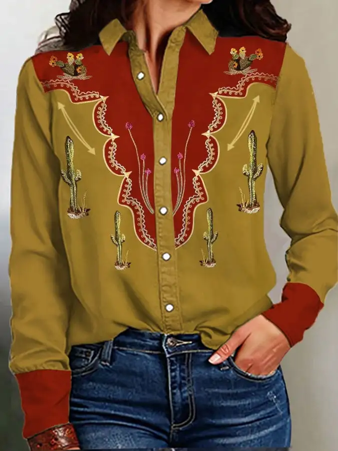 Women's Vintage Western Print Long Sleeve Shirt