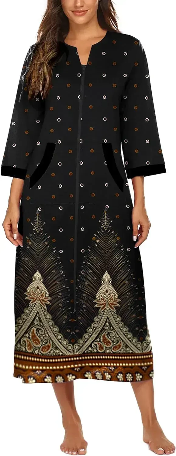 Women Zipper Robe 3/4 Sleeves Loungewear Dress Full Length Sleepwear Pockets Housecoat Nightgown Long Bathrobe