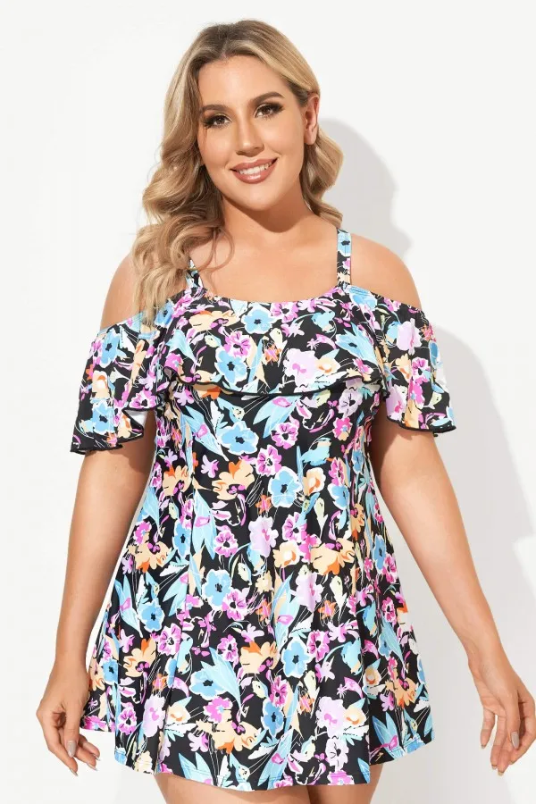 Solid Black Adjustable Straps Women Swimdress