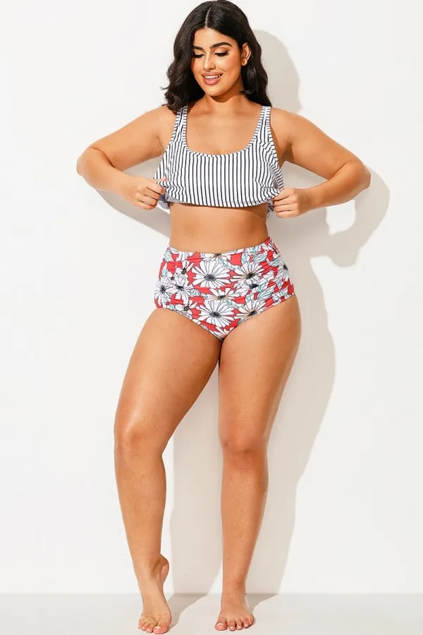 Plus Size Floral Print Check High Waisted Bottom