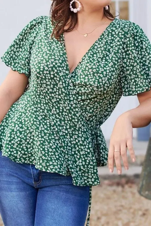 Floral Print Butterfly Sleeve Wrap Knot Side Blouse