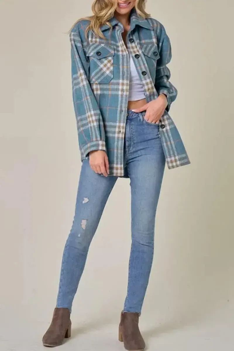 Womens Casual Plaid Shacket Button Down Long Sleeve Shirt
