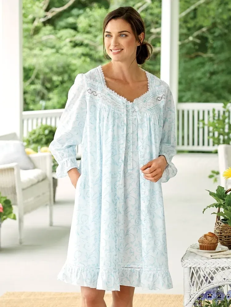Eileen West Aqua Scroll Cotton Lawn Chemise Nightgown