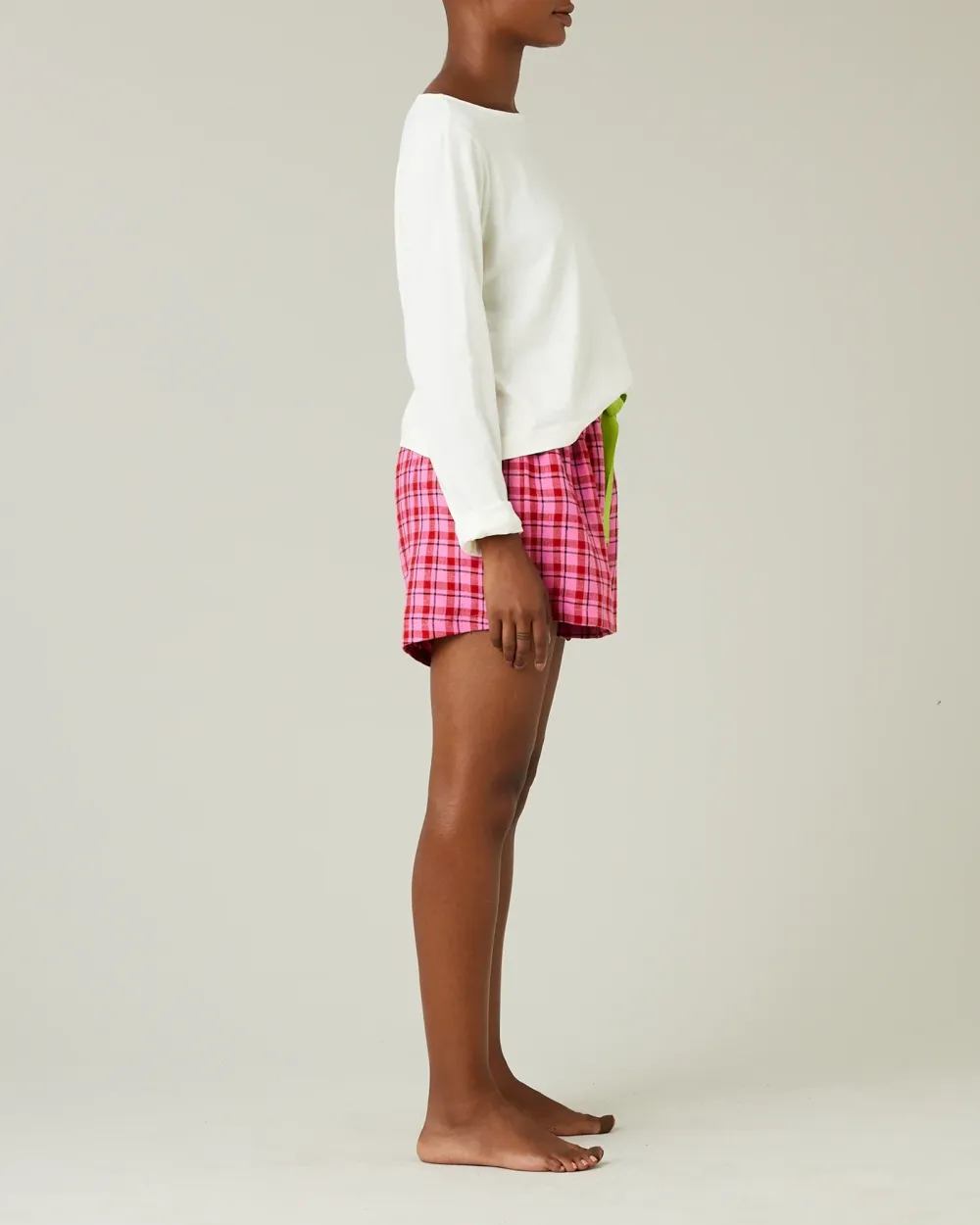 BED SHORTS PINK & RED CHECK LINEN