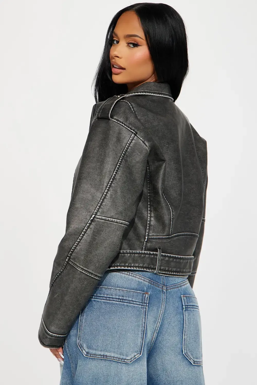 My Time Washed Faux Leather Moto Jacket - Charcoal
