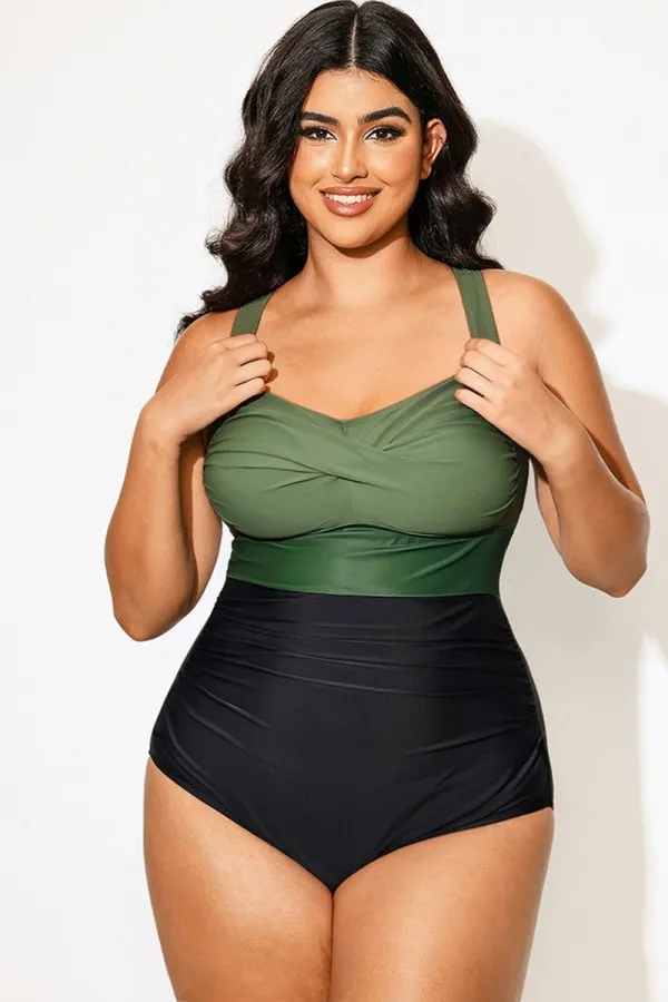Plus Size Contrast Twist Front Skinny One Piece Swimsuit