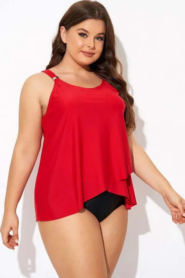 Solid Red Flowy Front Full Straight Back Tankini Top