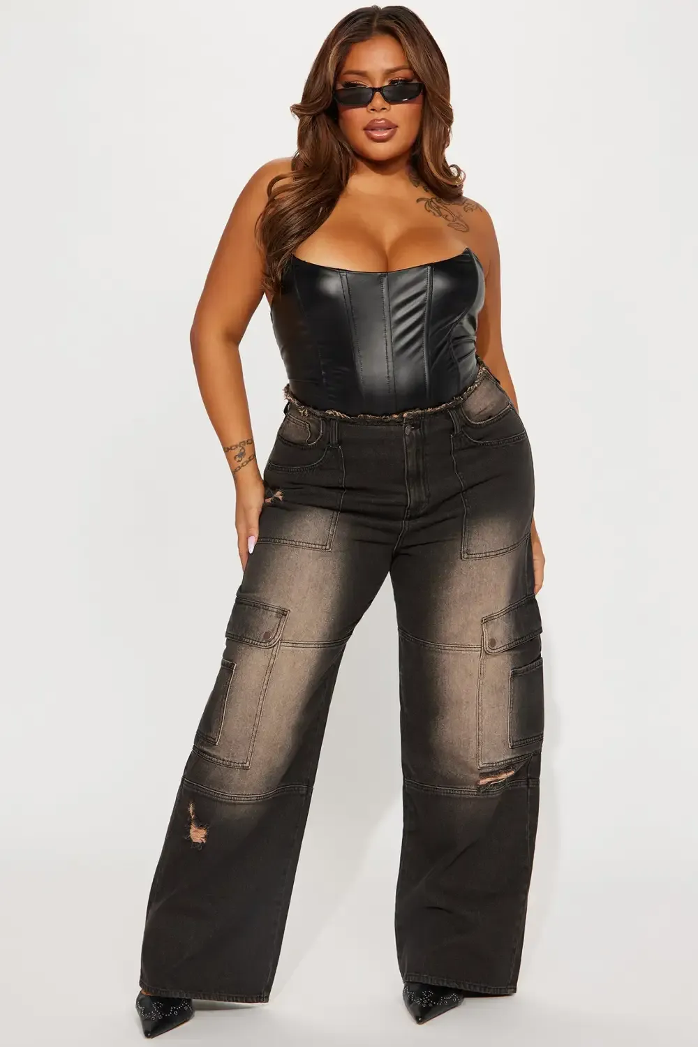 Night Sky Ripped Tinted Non Stretch Cargo Jeans - Black Wash