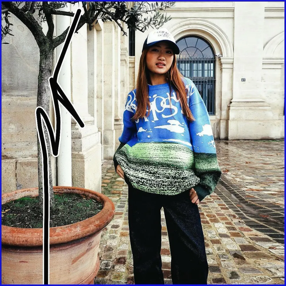 Blue Sweater Renaissance Street Wear Fashion Printing Seasonal Trend Special Design