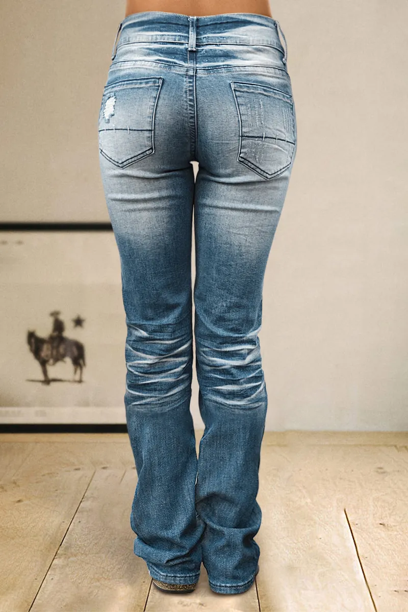 Wash Ripped Double Button Straight Leg Mid Rise Jeans