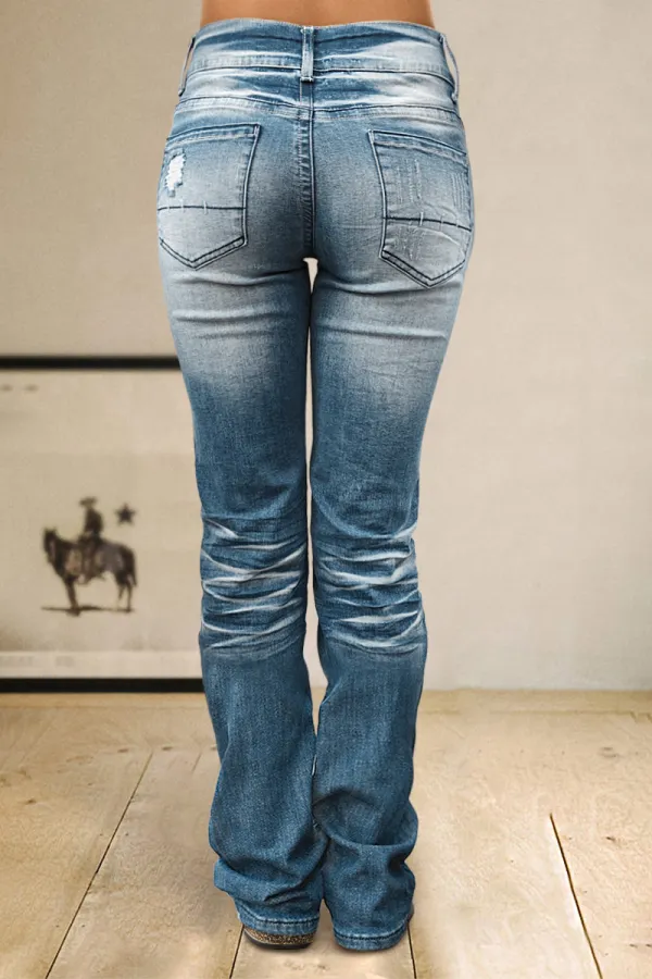 Wash Ripped Double Button Straight Leg Mid Rise Jeans