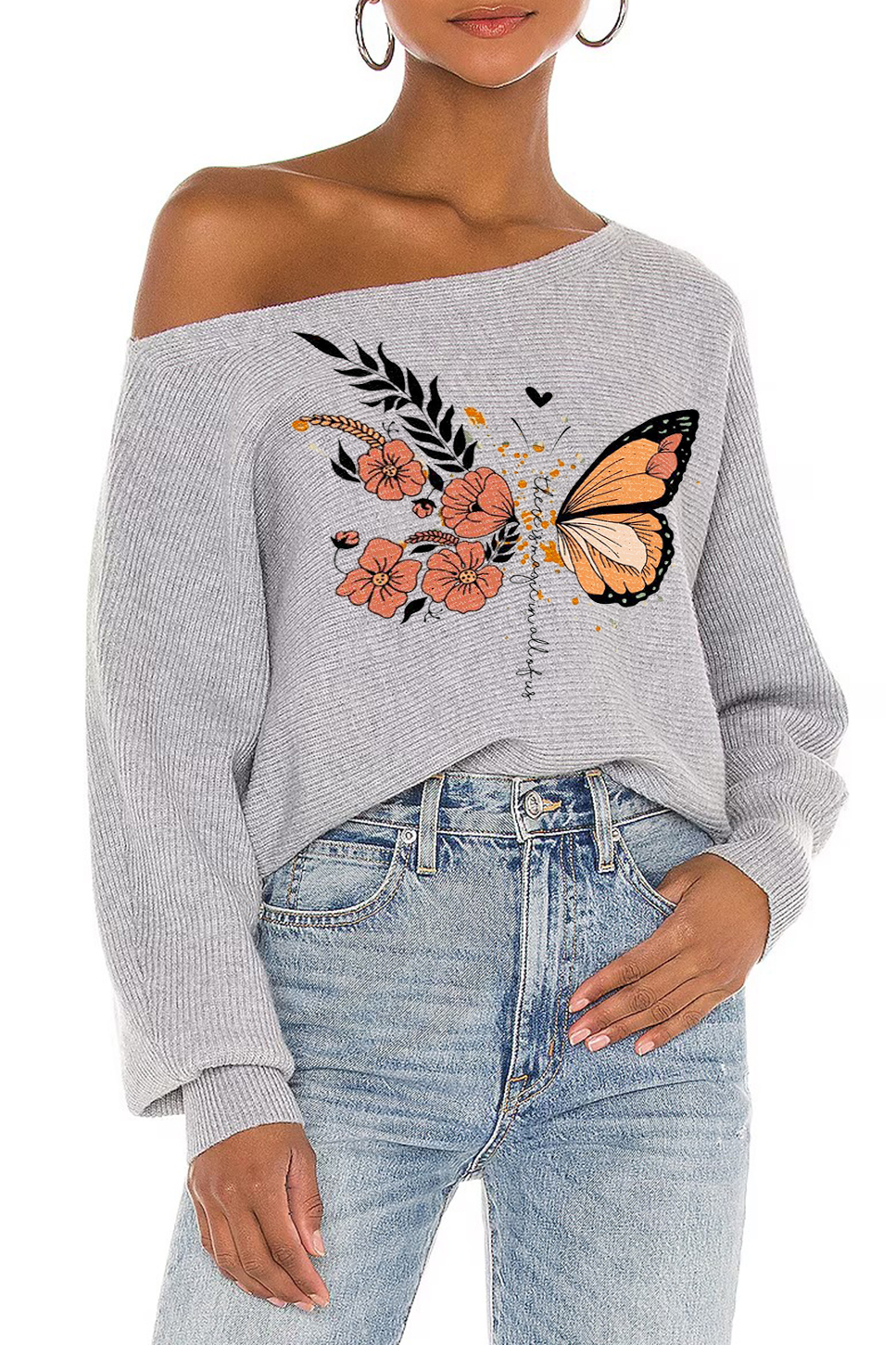 Off Shoulder Butterfly Floral Print Sweater