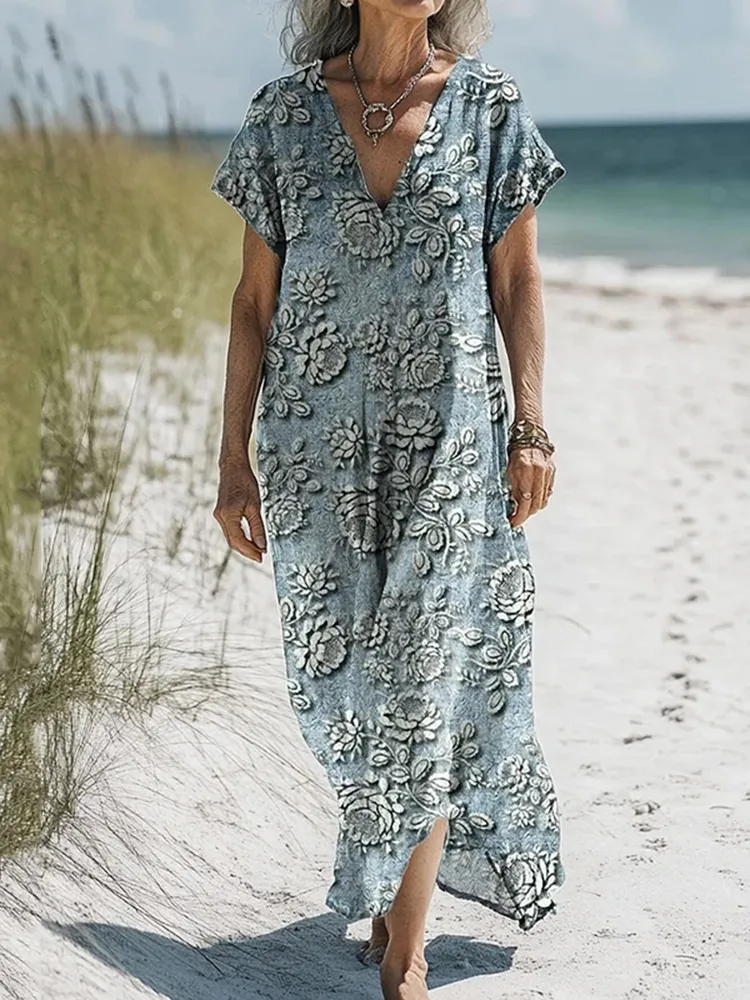 Women's Vintage Floral Art Print V Neck Casual Midi Dress
