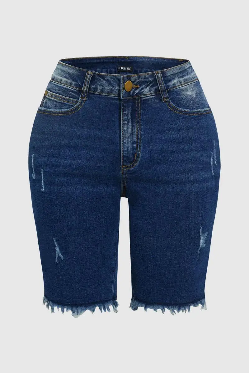 Raw Hem Embroidered Pocket High Waist Denim Mid Thigh Shorts