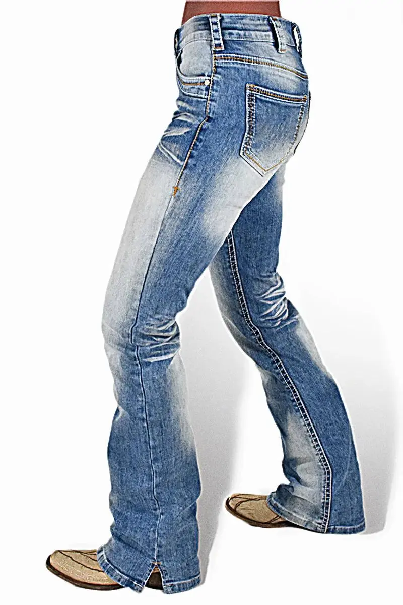 Washed Stretchy Split Hem Mid Rise Bootcut Jeans