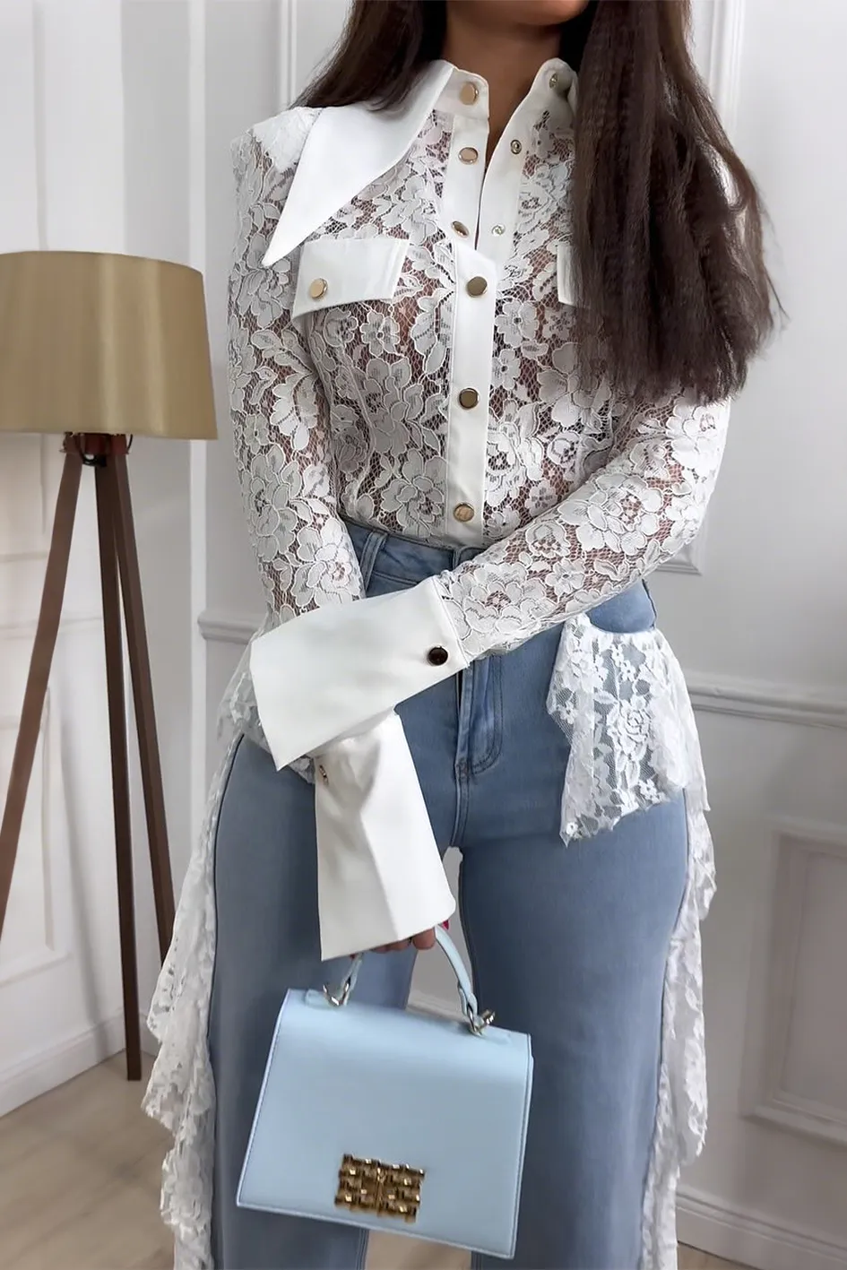 Women'S Lace Patchwork Long Top And Pants Two-Piece Set