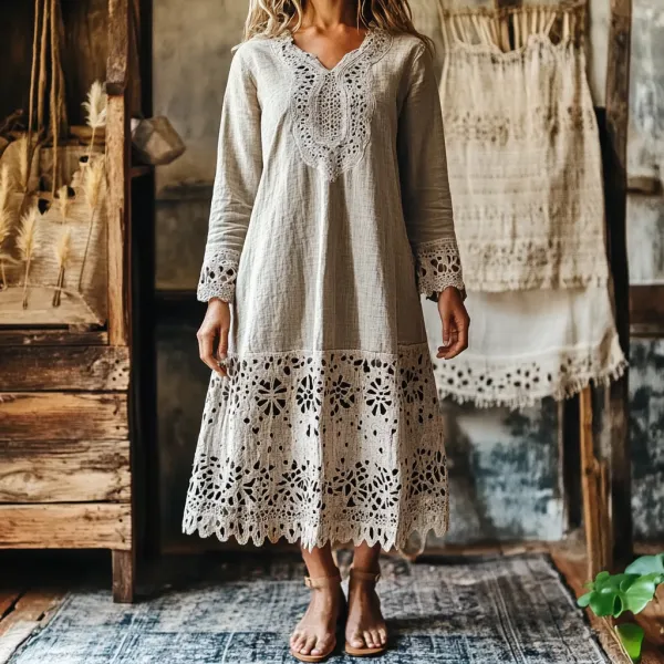 Women's Retro Lace Embroidery Art Midi Dress