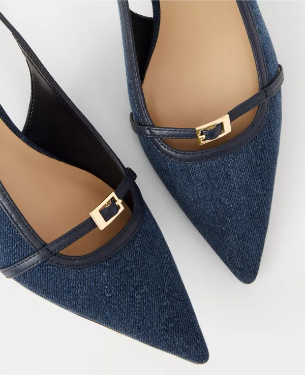 Denim Buckle Kitten Heel Pumps