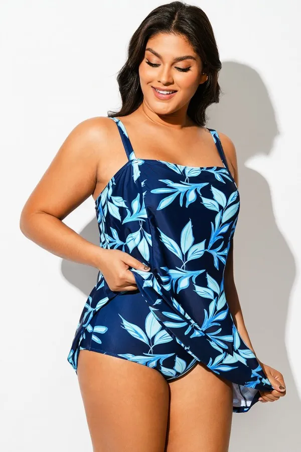 Blue Leaf Print Square Neckline Women Stylish Swimdress