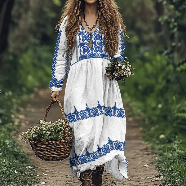 Cretan Pattern V-neck Loose Linen Blend Midi Dress