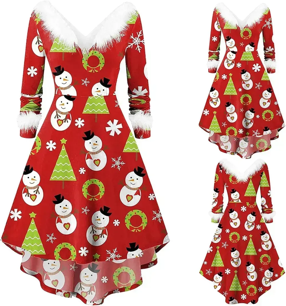 Womens Christmas Dress Fuzzy Mrs Claus Christmas Holiday Xmas Cocktail Holiday Party Flare Dress