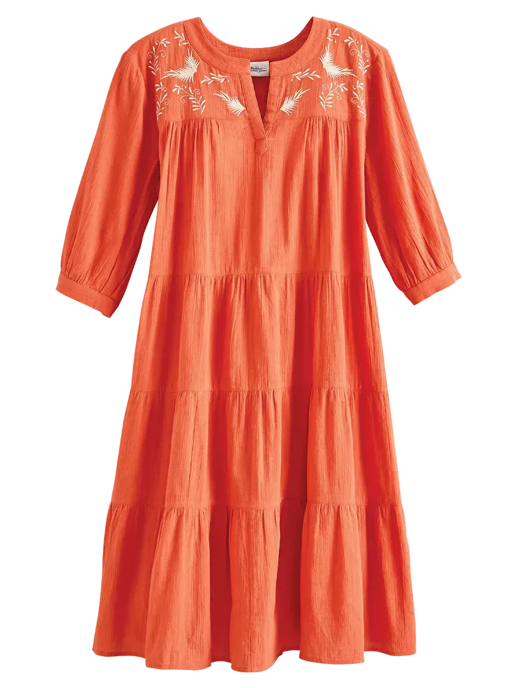 Embroidered Leaves Crinkle Cotton Tiered Dress