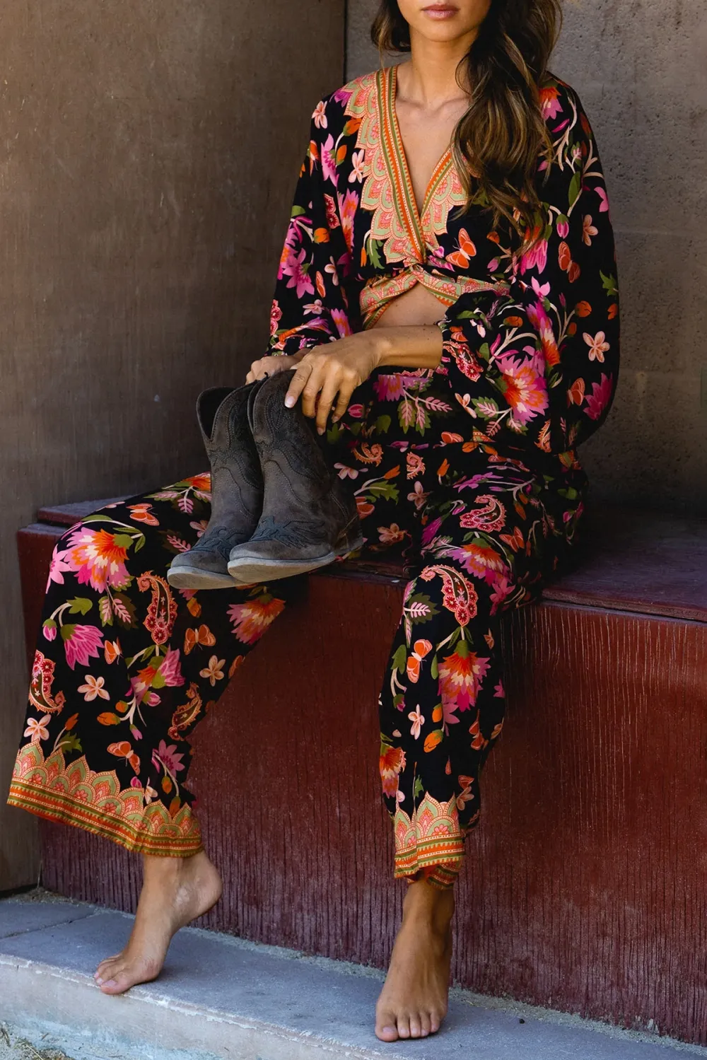 Black And Pink Floral Print Wrap Crop Top