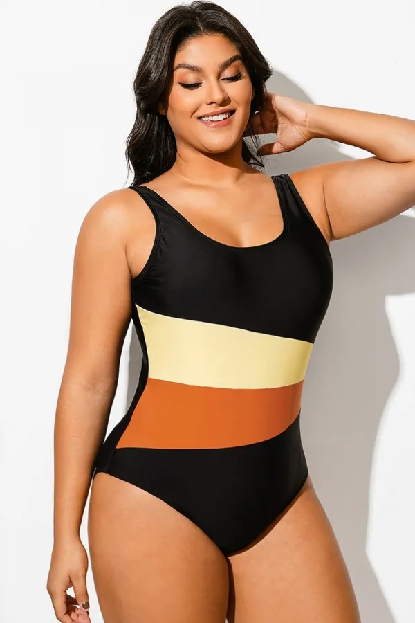 Plus Size Patchwork Push Up One Piece Swimsuit