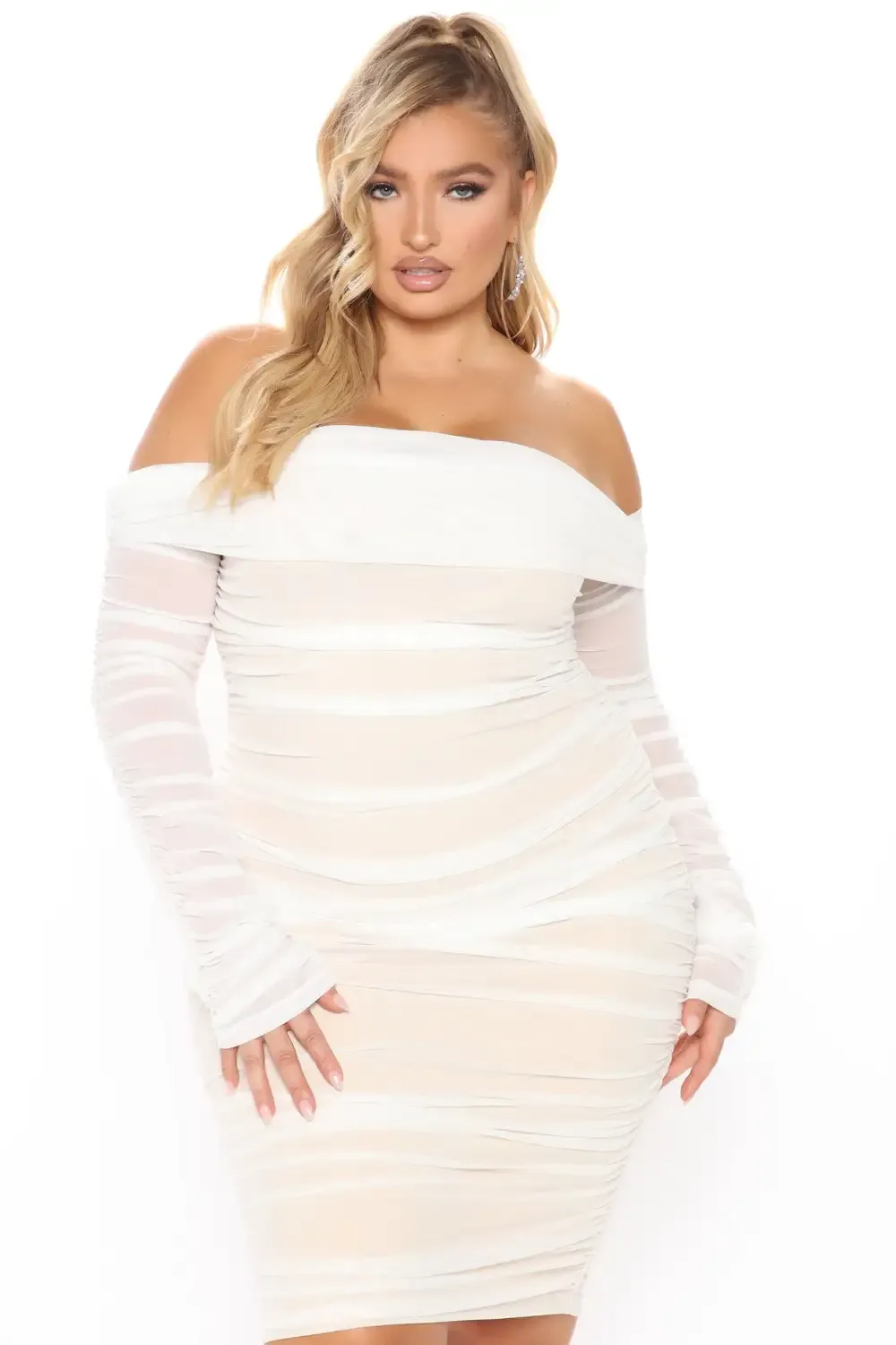 Ready In A Ruched Off Shoulder Midi Dress - White