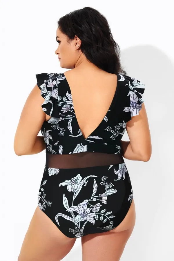 Black Ruffle Plunge V Neck One Piece Swimsuit