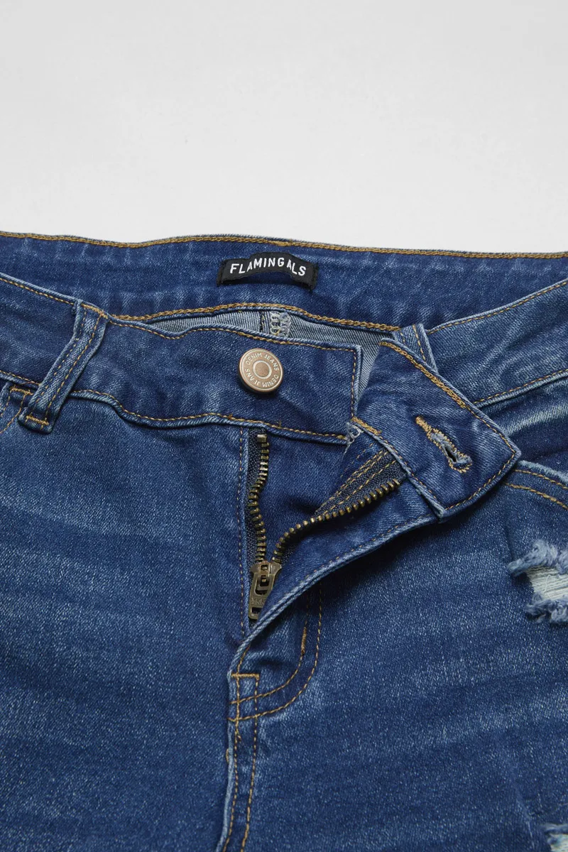 Cut Out Stitch Detail Raw Hem Mid Waist Capri Jeans