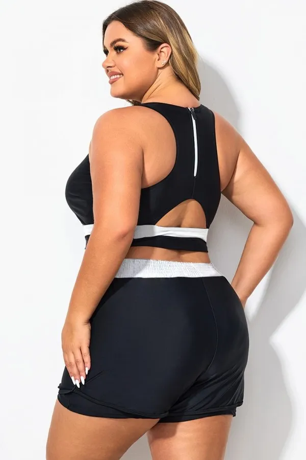 Round Neck Black & White Patchwork Bikini Top