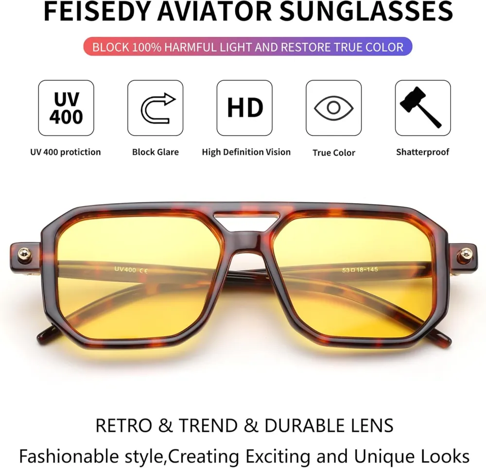 FEISEDY Vintage Square 70s Flat Aviator Sunglasses Women Men Classic Retro Stylish Frame UV400 Sunglasses B2622