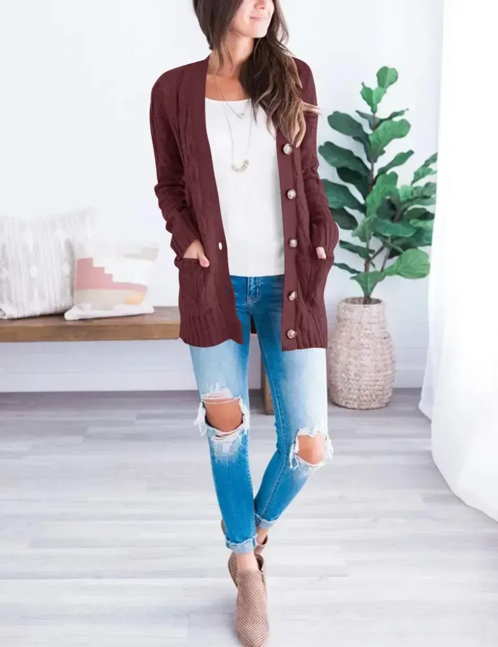 MEROKEETY Women's 2024 Fall Long Sleeve Cable Knit Sweater Open Front Cardigan Button Loose Outerwear