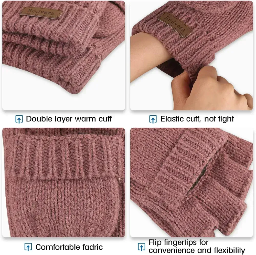 Bodvera Thermal Insulation Fingerless Texting Wool Gloves for Women and Men Winter Warm Knitted Convertible Mittens Flap
