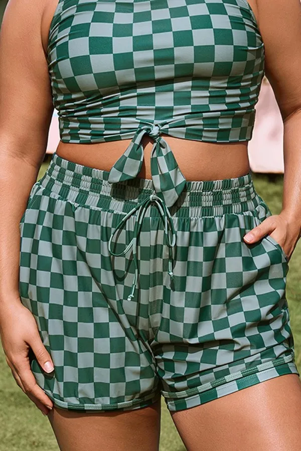 Plus Size Green Check Mid Waist Women Shorts
