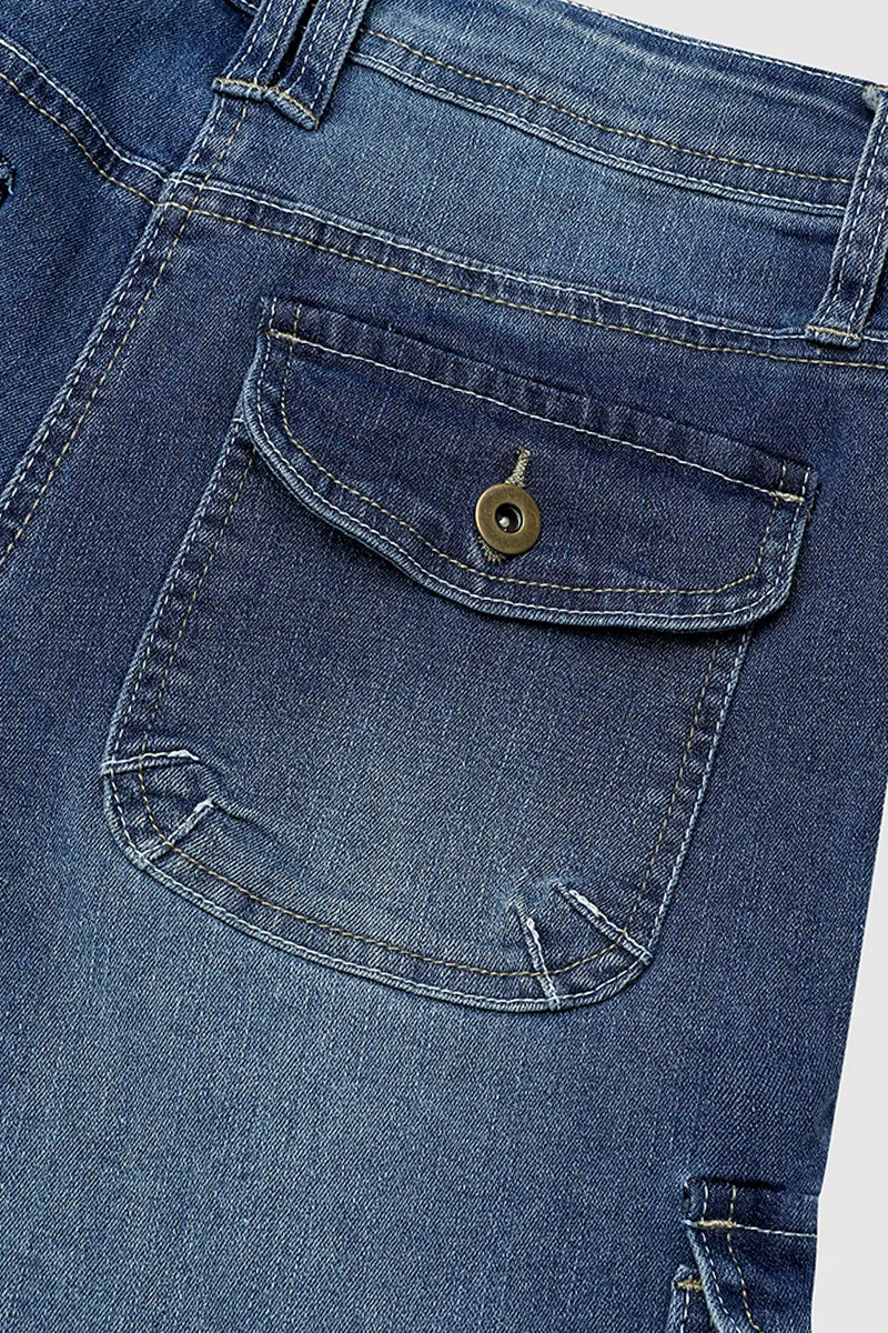 Flap Pocket Roll Hem Bermuda Denim Shorts Without Belt