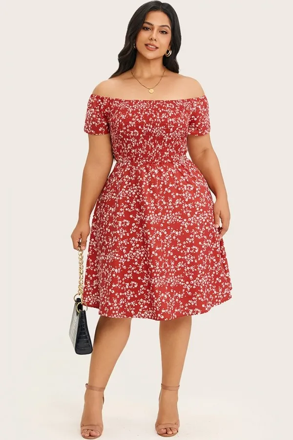 Super Soft Off-Shoulder Raspberry Print Midi Dress