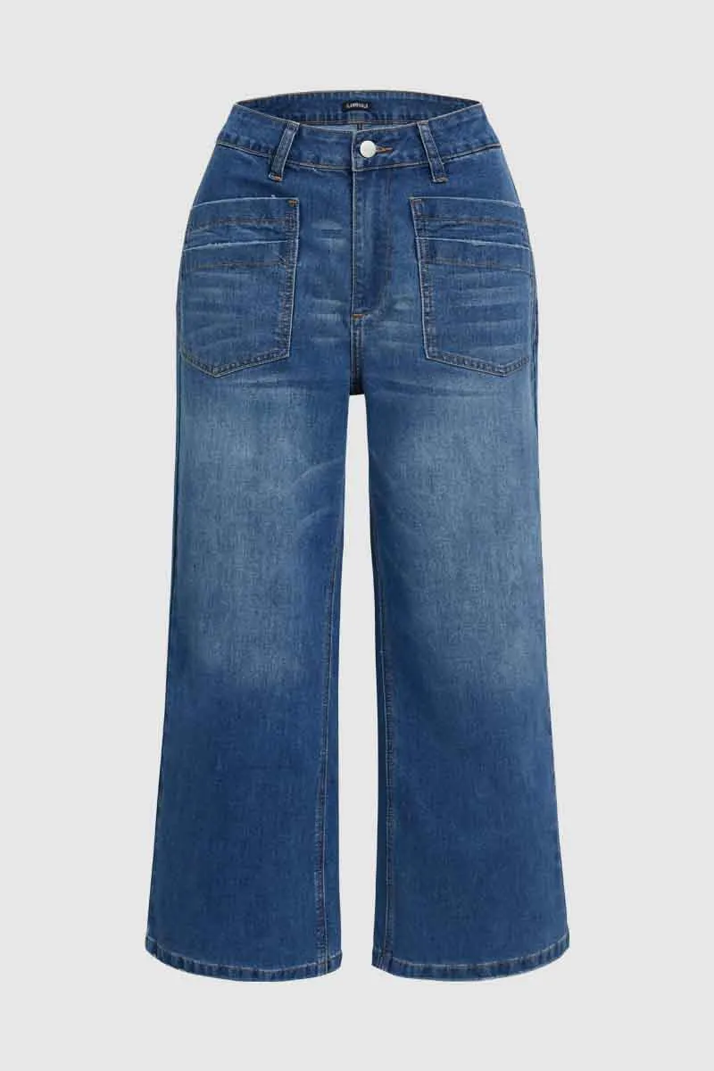 Wash Stitch Detail Raw Hem Wide Leg Mid Rise Jeans
