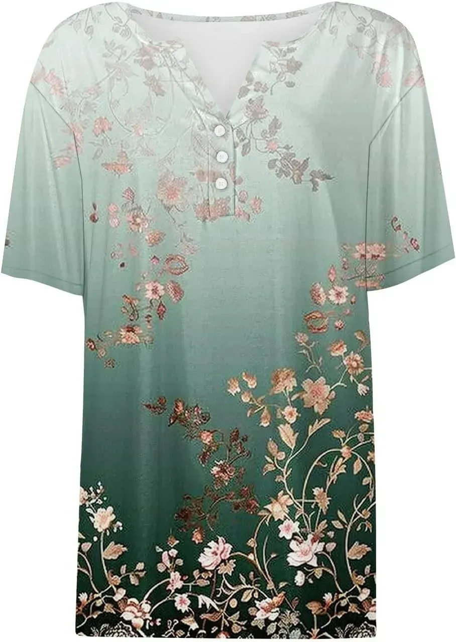 Shirts for Women Casual Printed Summer Tops Short-Sleeved Button V-Neck Tops Blouse Fashion Boho T-Shirts